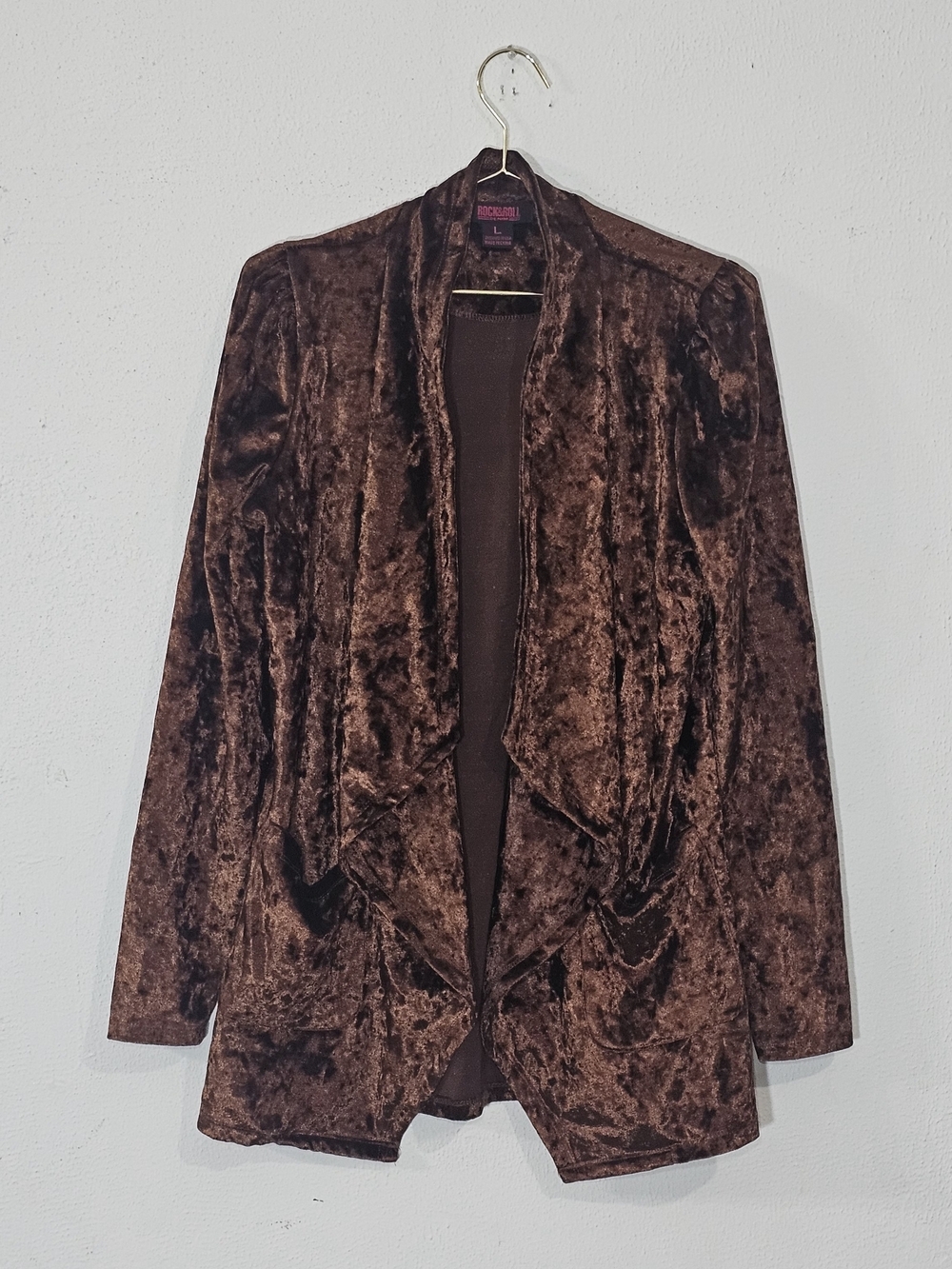 Rock & Roll Women's Brown Velvet Open Front Jacket Sz L Minimalist